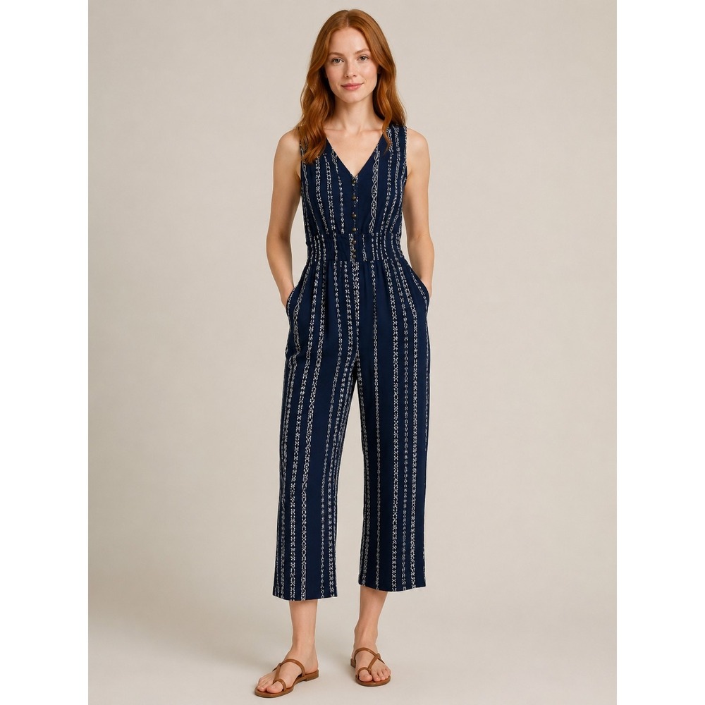 Japna Navy Blue Striped Smocked Waist Straight Capri Leg Jumpsuit Artisan XS